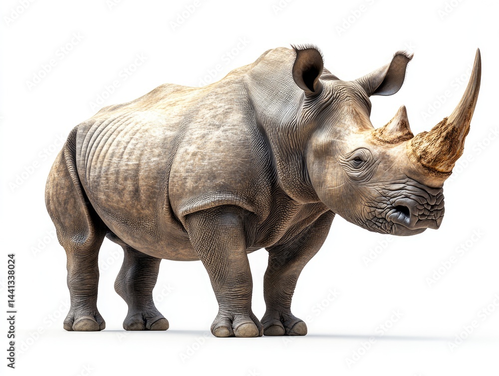 Naklejka premium Large rhinoceros, facing forward, detailed skin texture