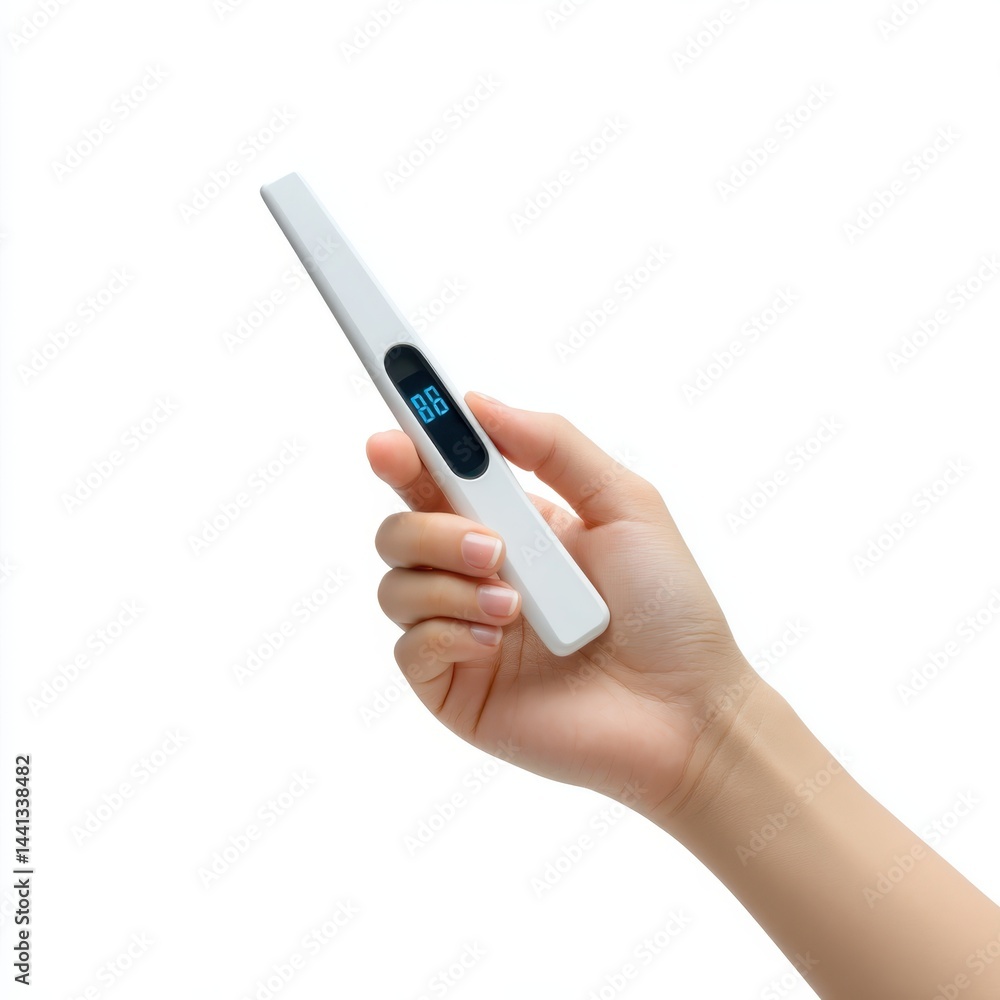Fototapeta premium Hand holding digital thermometer isolated on clean white background for healthcare concept