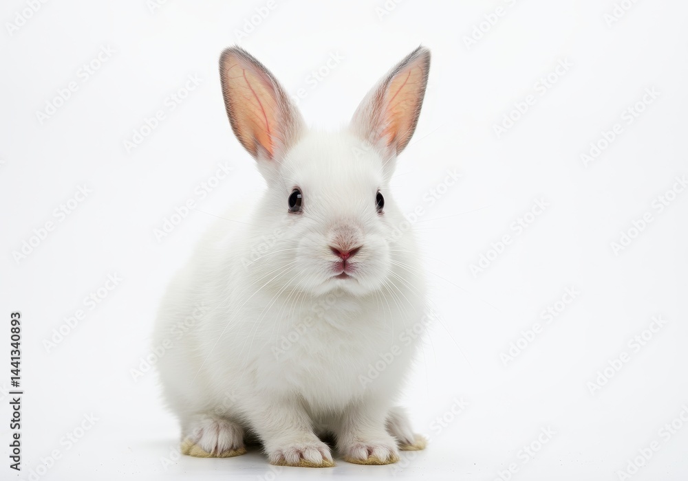 A small white rabbit sitting upright on a white background looking directly at the camera lens shot A small white rabbit sitting upright on a white background looking directly at the camera lens shot