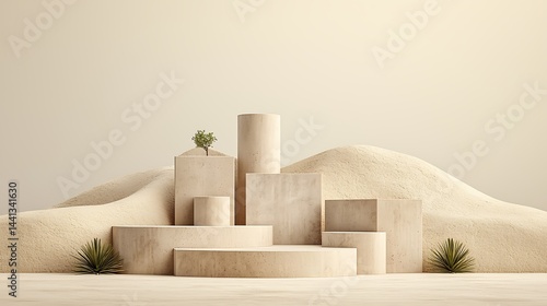 Beige wooden podiums on a sand-like backdrop