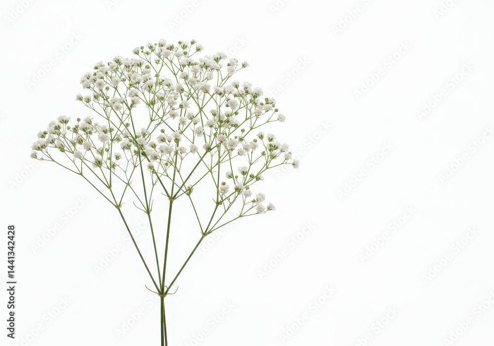 A single stem of baby's breath with tiny white flowers against a stark white and bright background space A single stem of baby's breath with tiny white flowers against a stark white and bright background space