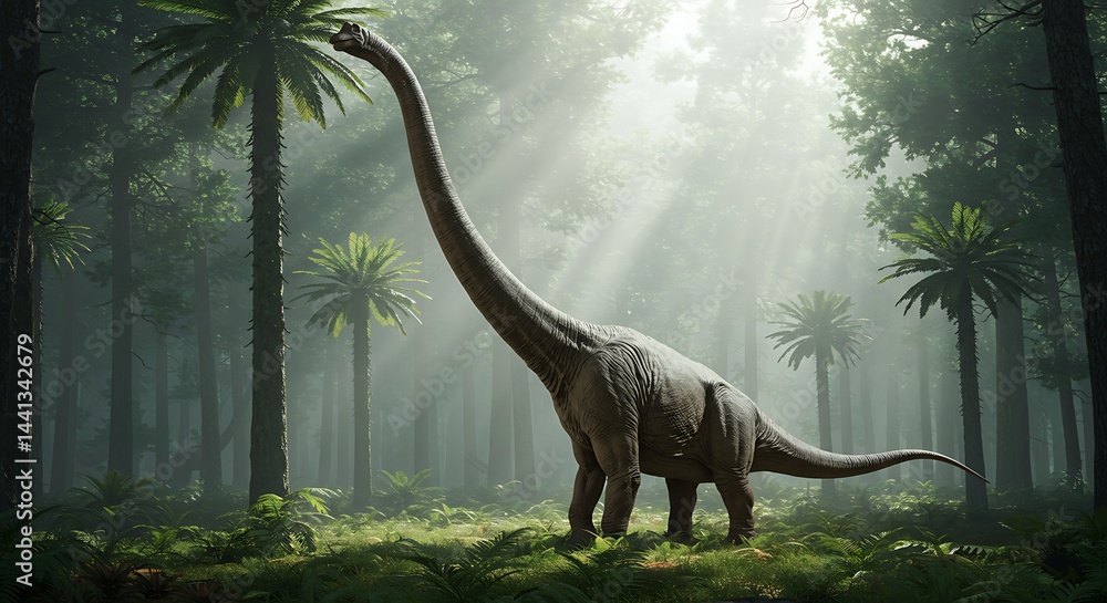 Naklejka premium A large sauropod dinosaur walking through a dense prehistoric forest with sunlight streaming through the trees