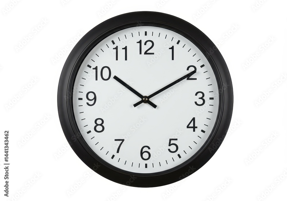 A simple wall clock with a black frame and white face showing the time at ten minutes after ten A simple wall clock with a black frame and white face showing the time at ten minutes after ten