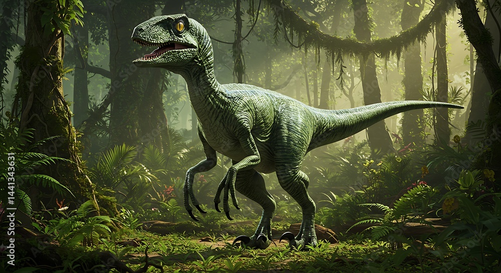 Fototapeta premium Velociraptor dinosaur standing in a dense jungle environment with sunlight filtering through the trees