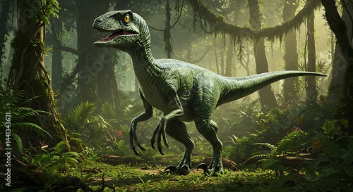 Fototapeta Naklejka Na Ścianę i Meble -  Velociraptor dinosaur standing in a dense jungle environment with sunlight filtering through the trees