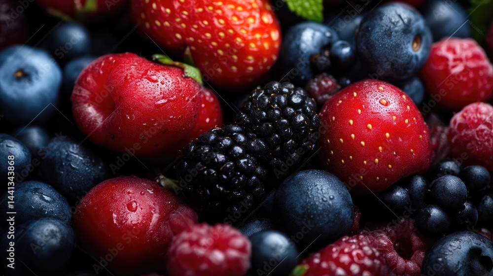 Close-up view of a vibrant assortment of fresh berries, including strawberries, blueberries, raspberries, blackberries, and cherries. Close-up view of a vibrant assortment of fresh berries, including strawberries, blueberries, raspberries, blackberries, and cherries.