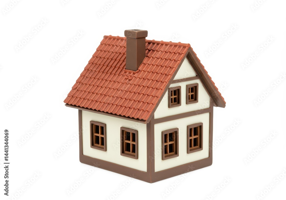 Close up of a miniature house with a red tiled roof and brown trim on a white background space around it Close up of a miniature house with a red tiled roof and brown trim on a white background space around it