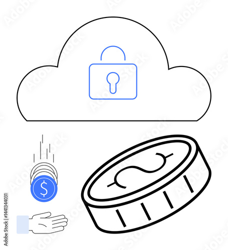 Cloud with lock symbol, falling coin to hand, large coin representing finance. Ideal for security, savings, banking, digital wallet, fintech, cryptocurrency business simple landing page