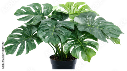 The image depicts a detailed close-up of an artificial potted plant with vibrant, large leaves.