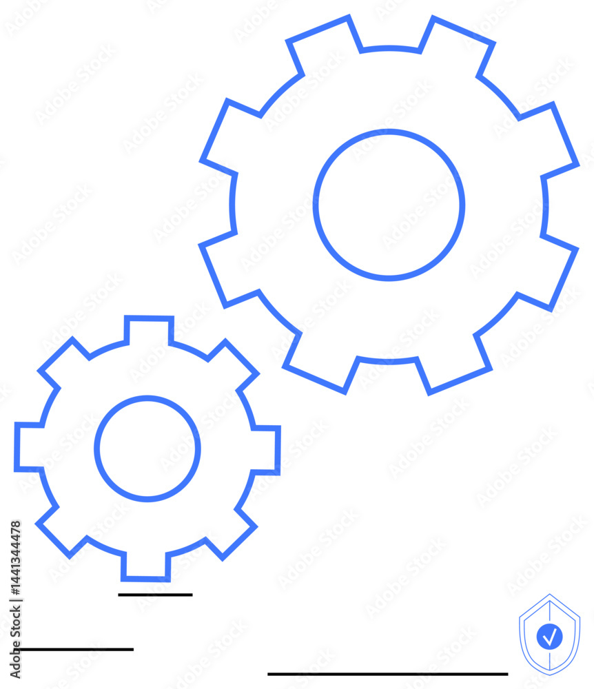 Two outlined gears in motion conveying functionality, collaboration, efficiency, and security. Ideal for engineering, technology, teamwork, process management innovation safety productivity. Flat Two outlined gears in motion conveying functionality, collaboration, efficiency, and security. Ideal for engineering, technology, teamwork, process management innovation safety productivity. Flat