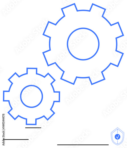 Two outlined gears in motion conveying functionality, collaboration, efficiency, and security. Ideal for engineering, technology, teamwork, process management innovation safety productivity. Flat