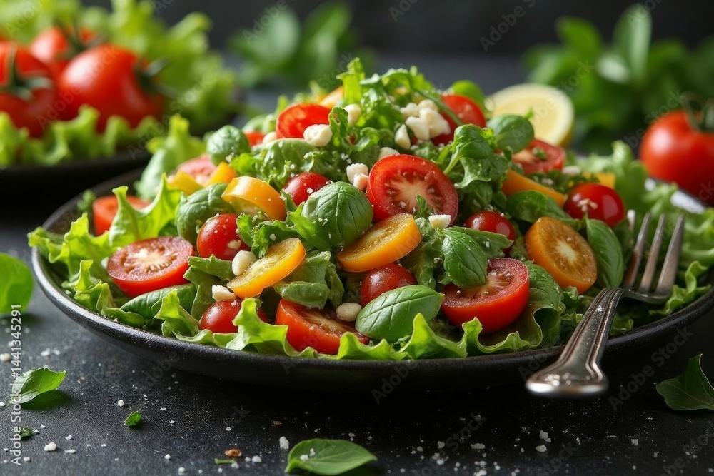 Fresh salad with colorful tomatoes and greens. Fresh salad with colorful tomatoes and greens.