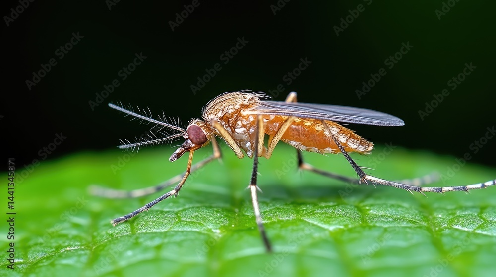 Naklejka premium Close-up of a mosquito resting on a green leaf.