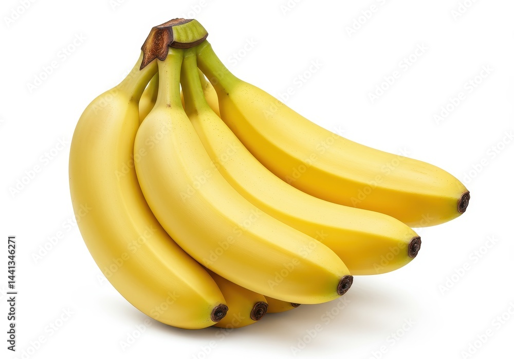 A bunch of ripe yellow bananas are clustered together on a white surface in a studio shot view A bunch of ripe yellow bananas are clustered together on a white surface in a studio shot view