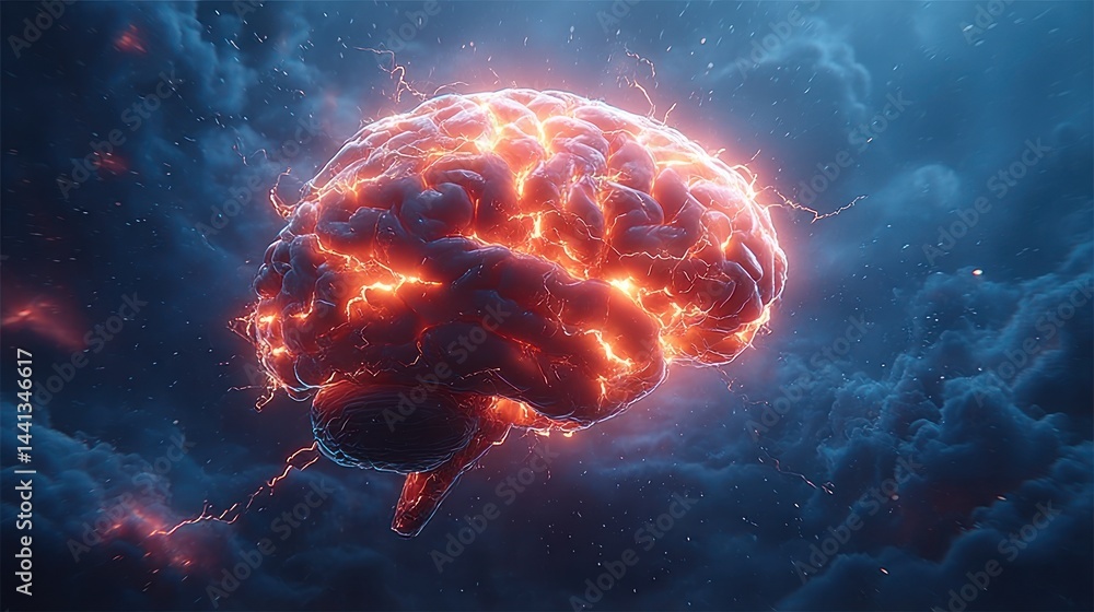 Obraz premium Glowing human brain illuminated with fiery electric currents surrounded by dark moody clouds creating intense and dynamic atmosphere