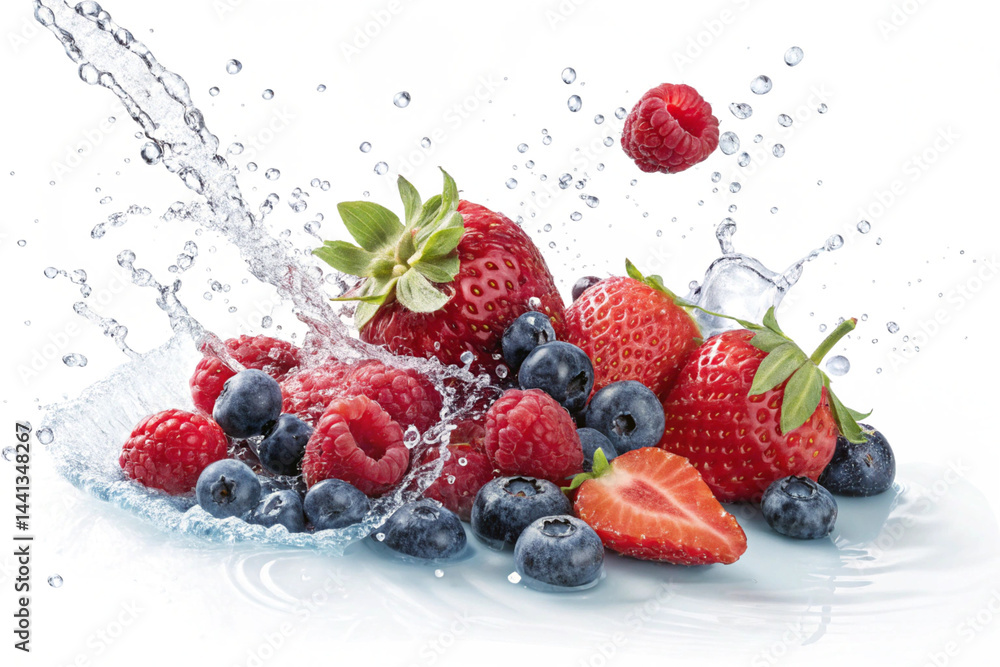 Strawberry, raspberry and blueberry, fresh berry mix in water splash cutout isolated on transparent background - generated by ai Strawberry, raspberry and blueberry, fresh berry mix in water splash cutout isolated on transparent background - generated by ai