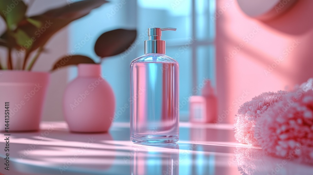 Liquid soap dispenser with plants and other pink objects near a window. Liquid soap dispenser with plants and other pink objects near a window.