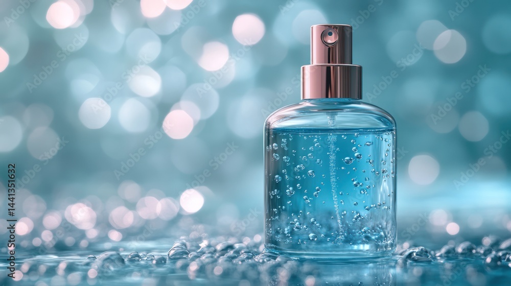 Blue liquid in a clear bottle with a spray nozzle on a bokeh background. Blue liquid in a clear bottle with a spray nozzle on a bokeh background.
