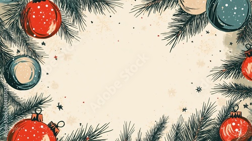 Christmas ornaments framed by pine needles festive background copy space holiday vibes