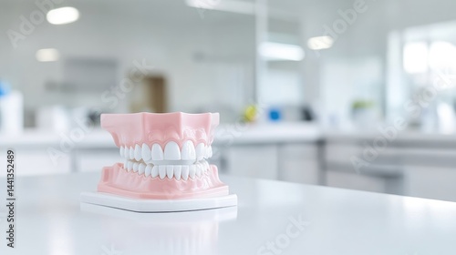 Dental model rests on a clean white surface in a bright, modern dental office.