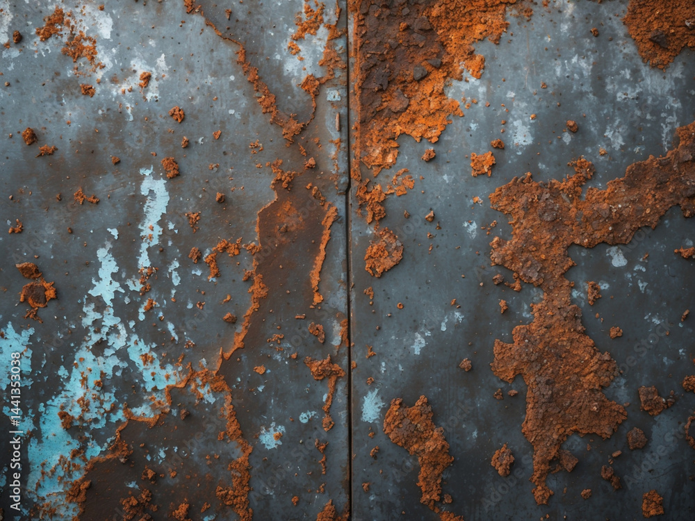 Fototapeta premium A heavily rusted metal panel shows layers of blue and gray paint underneath the corrosion.