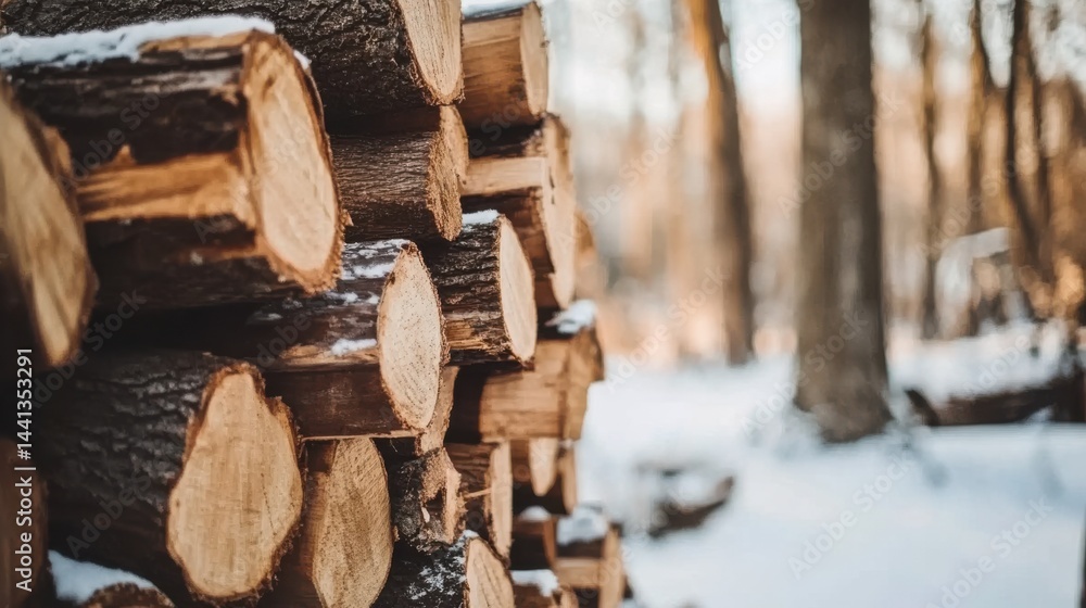 Stacked Logs in Winter Woods with Snow and Soft Sunlight Filtering Through Trees Stacked Logs in Winter Woods with Snow and Soft Sunlight Filtering Through Trees
