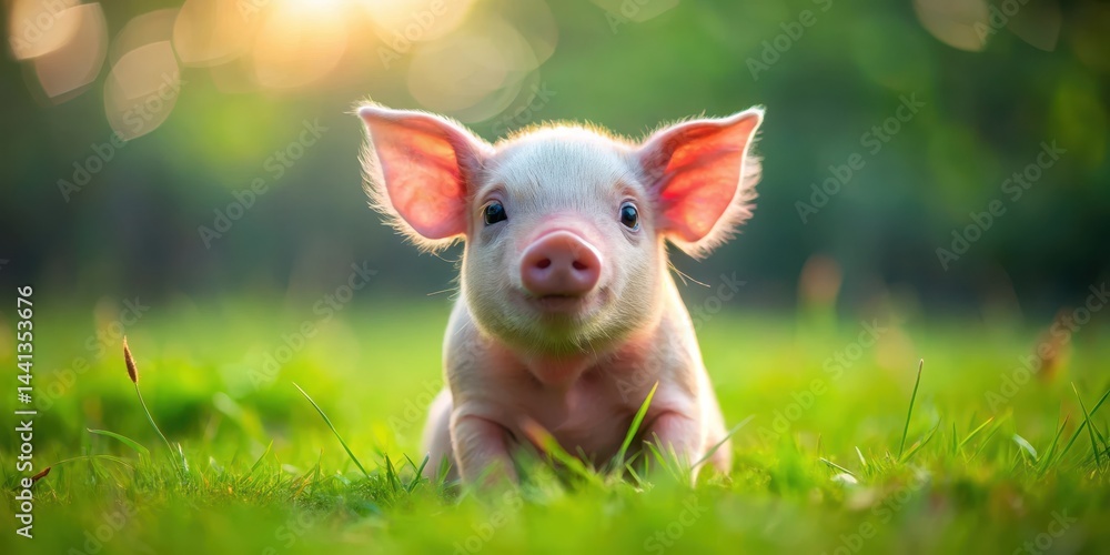 piglet with pink snout and big eyes sitting on green grass, cute animal, adorable piglet piglet with pink snout and big eyes sitting on green grass, cute animal, adorable piglet