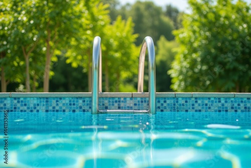 Swimming pool ladder in a sunny garden setting.