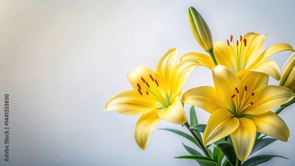 Fototapeta premium Delicate Yellow Lily flower arrangement placed against a soft white background, showcasing its elegant shape and vibrant color, yellow blossoms , delicate arrangement