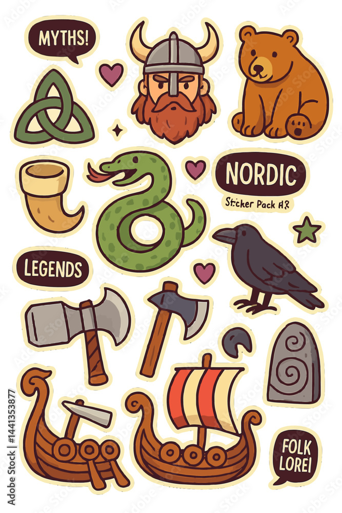 Fototapeta premium Illustrative Nordic Elements Stickers with Bear Viking Ship and Snake