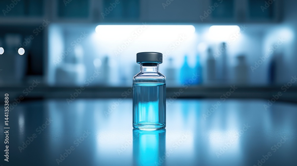 Clear Glass Vial with Liquid on Table in Laboratory under Soft Blue Light Clear Glass Vial with Liquid on Table in Laboratory under Soft Blue Light