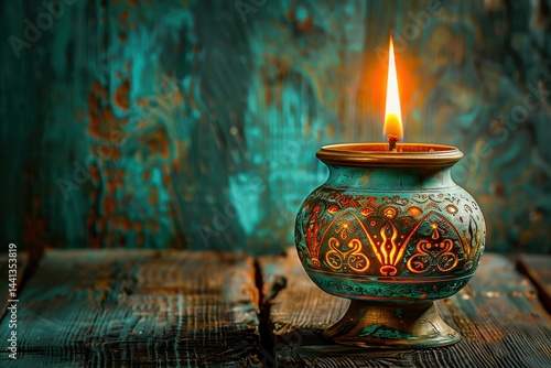Ornate candlestick with a burning candle casting a warm glow against a rustic teal background, perfect for decor and relaxation themes.