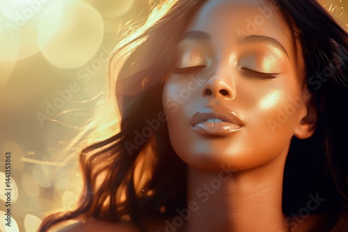 A serene portrait of a woman basking in warm sunlight, highlighting her glowing skin and elegant features, capturing a moment of tranquility and beauty.