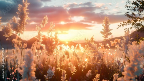 A tranquil scene of a sunset over a beautiful grassy field, highlighting nature's serene beauty with warm, golden light.