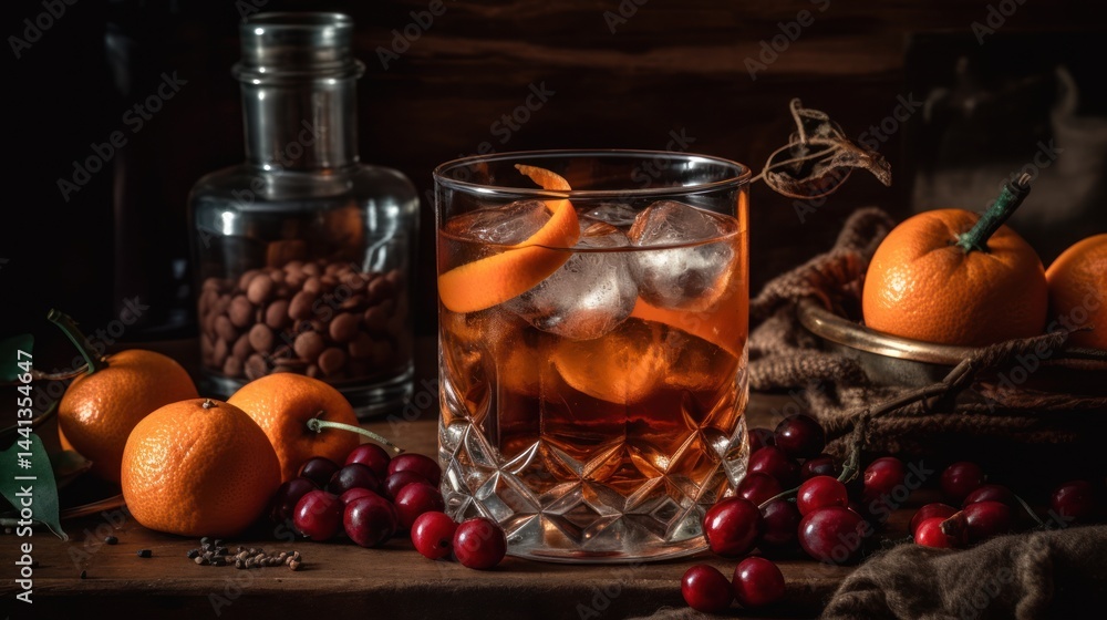 Drink in crystal glass with ice and orange peel surrounded by fruit. Drink in crystal glass with ice and orange peel surrounded by fruit.