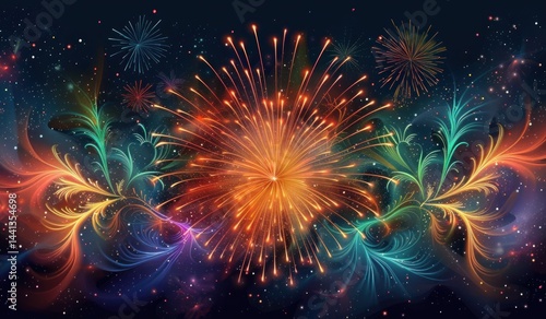 Wallpaper Mural Colorful fireworks and glowing swirling light patterns against a dark night sky creating a festive and magical atmosphere Torontodigital.ca