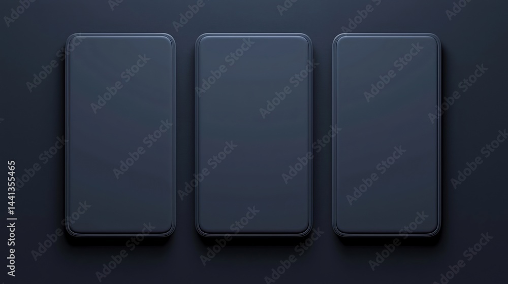 Three modern smartphones with blank screens are shown side by side on a dark background. Three modern smartphones with blank screens are shown side by side on a dark background.