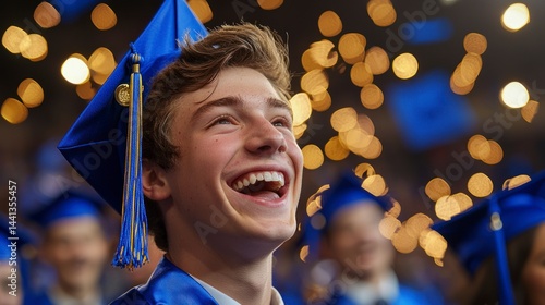 Joyful High School Graduation Moment with Cheerful Student Under Bright Lights and Blue Graduation Cap