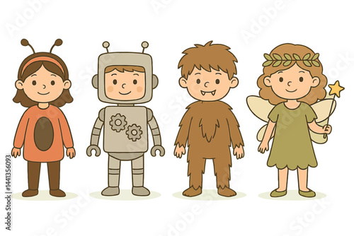 Children Wearing Halloween Costumes Posing Together for Festive Celebration