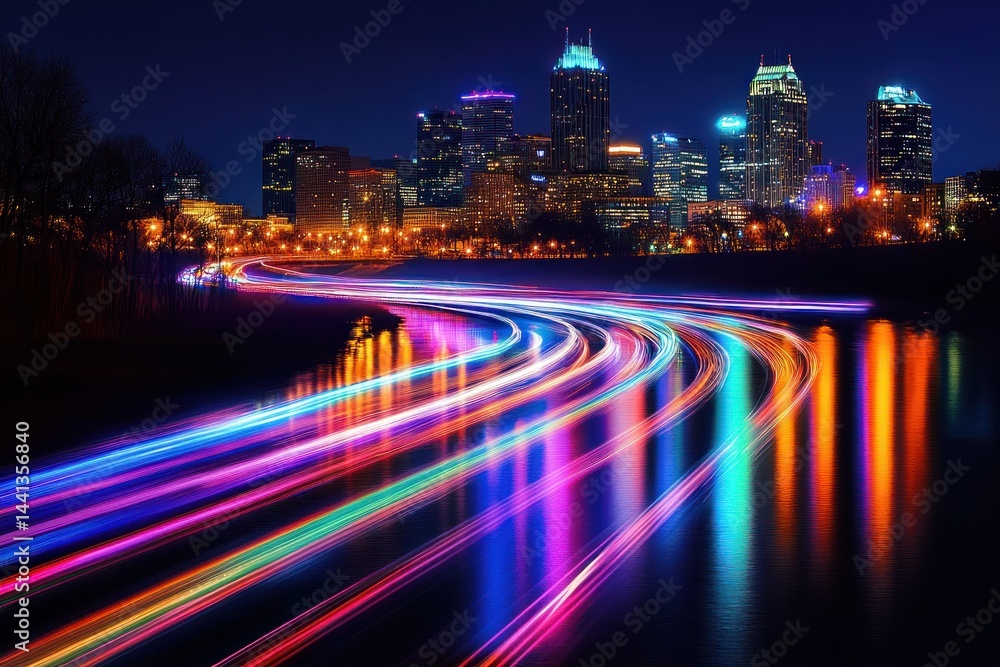 Fototapeta premium City skyline at night with light trails from cars on a road.