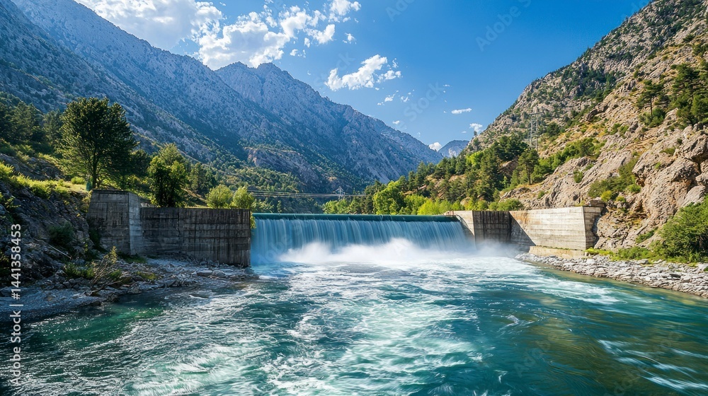Stunning Landscape of Hydroelectric Power Generation with Waterfall in Mountainous Environment Stunning Landscape of Hydroelectric Power Generation with Waterfall in Mountainous Environment