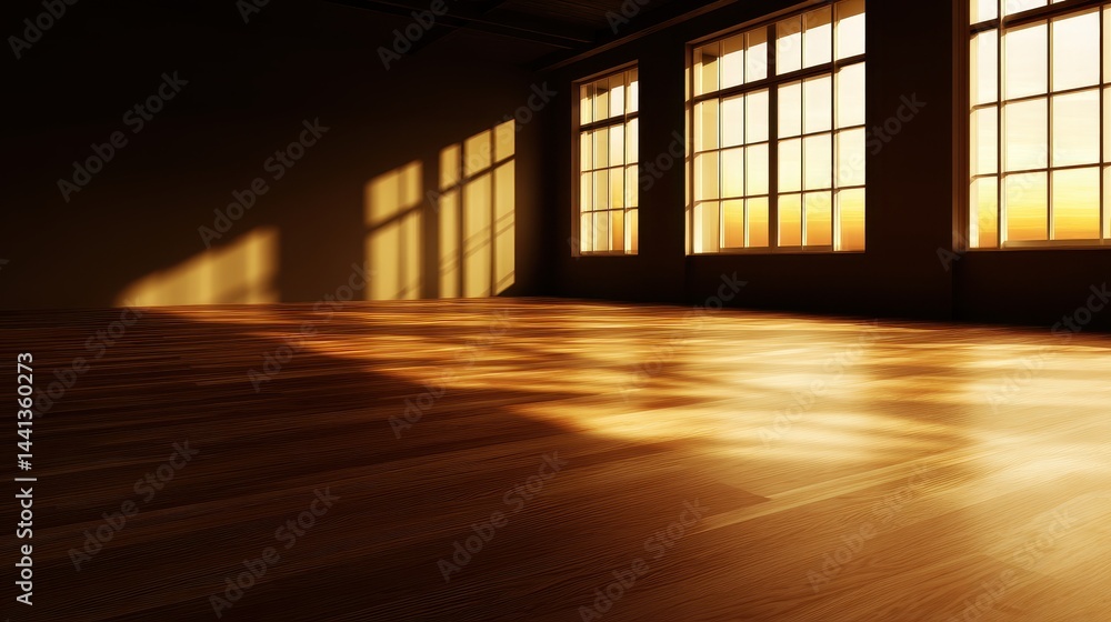 Warm sunlight streaming through large windows onto a wooden floor in an empty room Warm sunlight streaming through large windows onto a wooden floor in an empty room