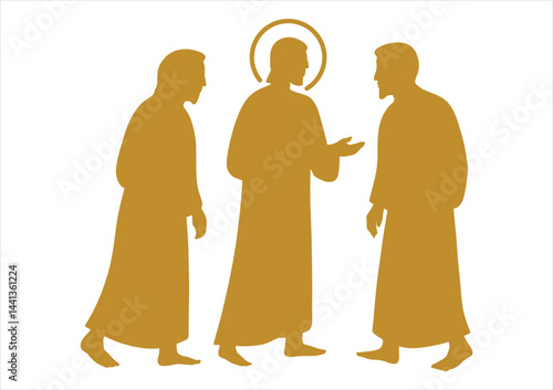 Vector illustration of silhouettes depicting Jesus and the two disciples on the road to Emmaus. Disciples on the road to Emmaus. Jesus Christ and his disciples in gold
