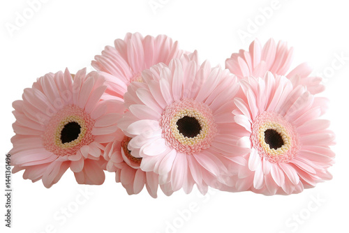 A cluster of beautiful light pink gerbera daisies with contrasting dark black centers creating a visual interest.