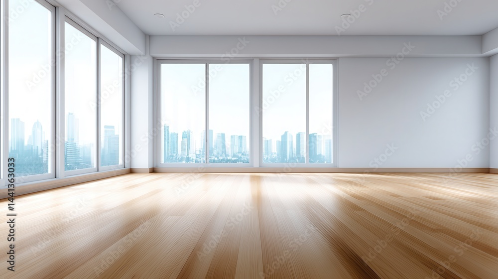 Modern empty interior with wooden flooring and large windows showcasing a city skyline