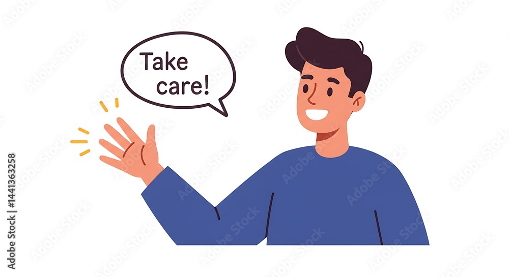 Man Waving Hand Saying Take Care in a Speech Bubble Man Waving Hand Saying Take Care in a Speech Bubble