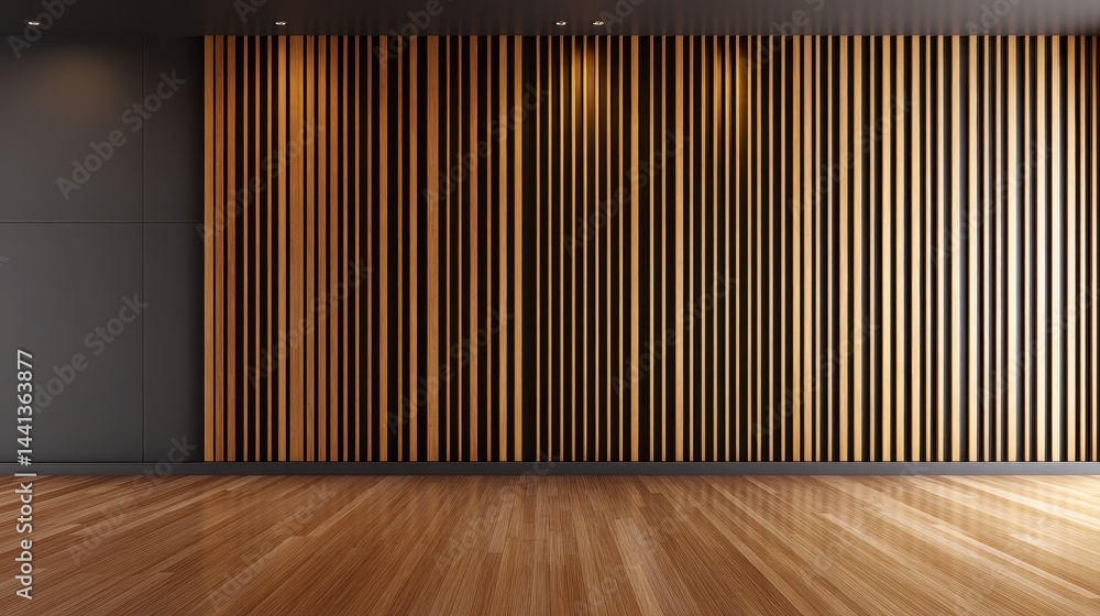 Modern interior featuring wooden slat wall design and polished floor in a minimalist setting