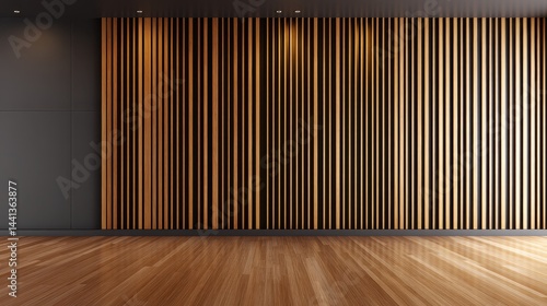 Obraz na płótnie Modern interior featuring wooden slat wall design and polished floor in a minimalist setting w salonie