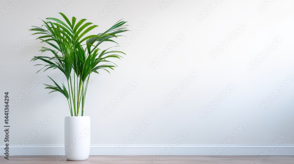 Lush green indoor plant in a modern white pot against a minimalist wall in a serene space