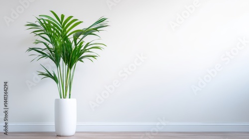Obraz na płótnie Lush green indoor plant in a modern white pot against a minimalist wall in a serene space w salonie